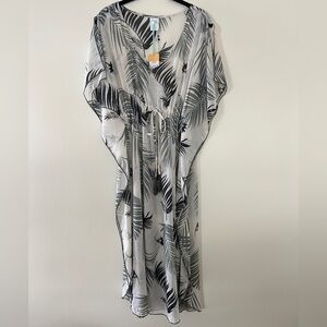 Kona Sol White Sheer Palm-Print Midi Dress